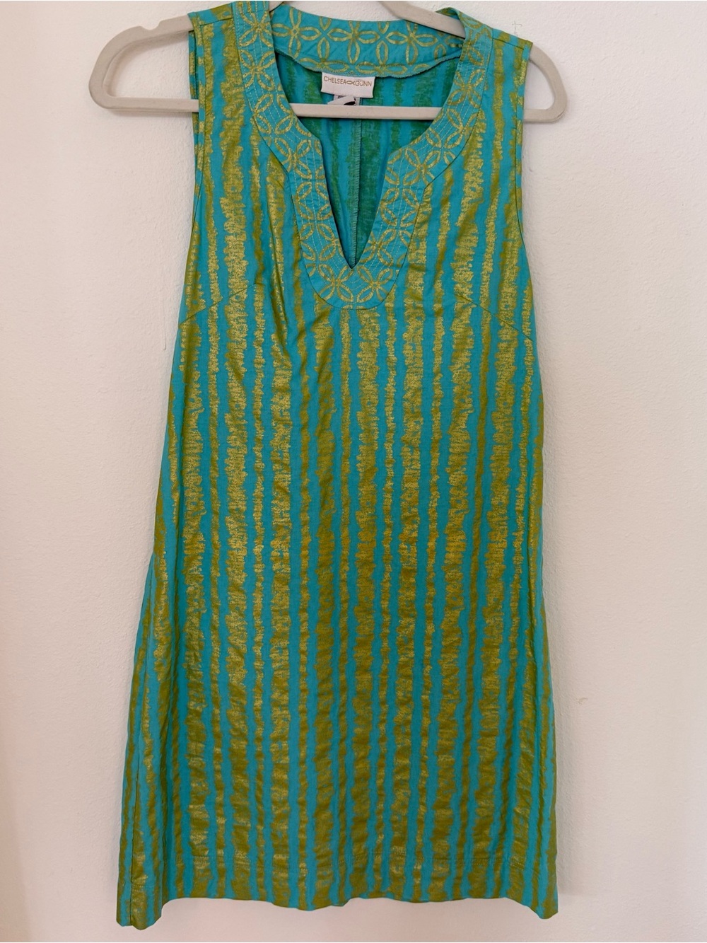 Chelsea & Gunn Turquoise Gold Print Sleeveless Shift Dress USA Made Medium